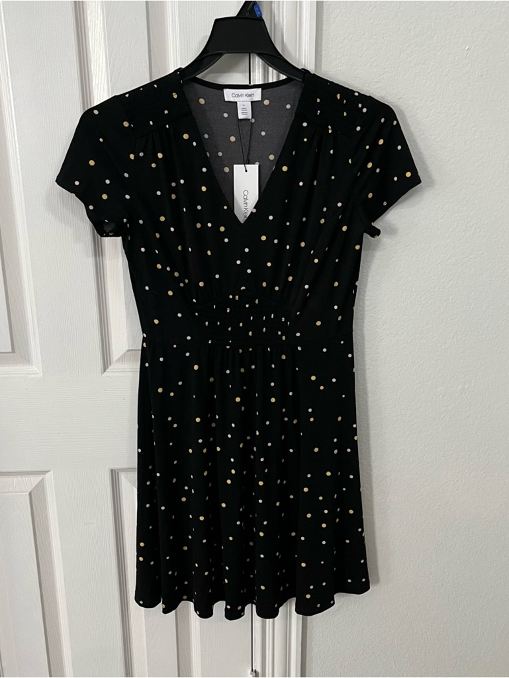 Calvin Klein Black Mini Dress with Gold & Cream Polka Dots